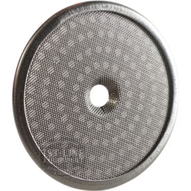The Bellezza BE.090.006 Bellona Dispersion Shower Screen is a round, flat metal coffee filter with fine mesh and a center hole, designed for use in espresso machines. © 2025 1st-line.com