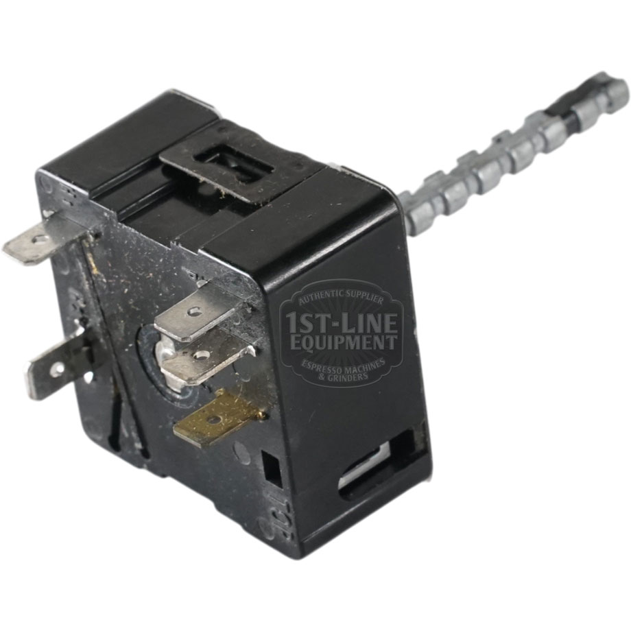 The Robertshaw 5500-134 Commercial Infinite Switch w/ Black Dial 120V is a black, rectangular switch with metal prongs and a long, ribbed metal shaft. The surface displays 120V labels and the 1st-Line Equipment logo.