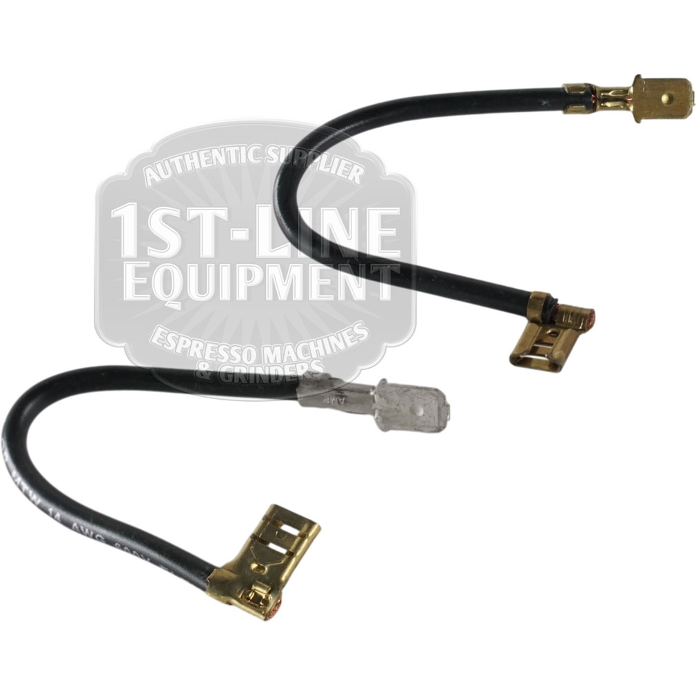 Two black wires with brass connectors and a clear fuse, curved on a white background. Designed for use with the Robertshaw 5500-134 Commercial Infinite Switch w/ Black Dial 120V. The 1st-Line Equipment watermark is behind the wires.