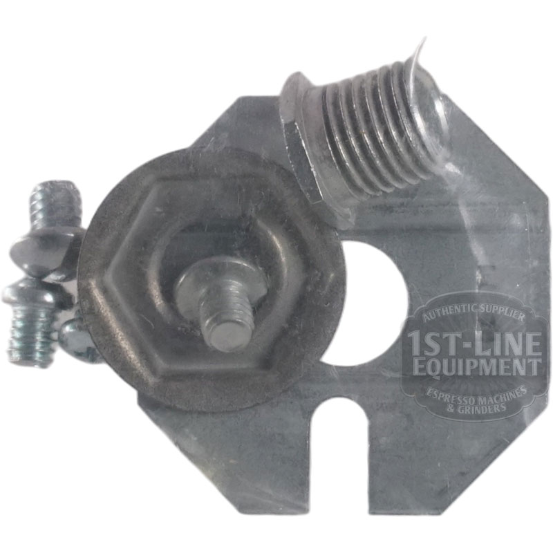 A metal clamp with multiple screws and a hex bolt is attached to a flat plate with a circular cutout. The 1st-Line Equipment branded plate fits the Robertshaw 5500-134 Commercial Infinite Switch with Black Dial, 120V.