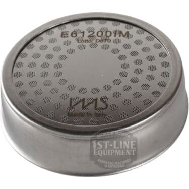 The 1st-line E61 Competition Shower Screen features fine mesh holes and IMS Made in Italy engraving, with the 1st-line Equipment logo on the side—delivering quality extraction similar to top espresso components.