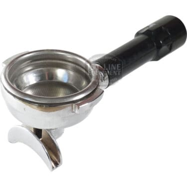 USED 2-Cup Portafilter for E61 Grouphead, metal construction with black handle, filter basket, and dual spouts for coffee dispensing.
