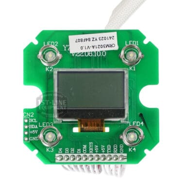 The Bellezza 01.07728 Bellona Version 2 Display Board features a central rectangular display, labeled LEDs, K1–K4 buttons, SCL/SDA/+ /GND connector pins, and a white ribbon cable attached at the bottom.