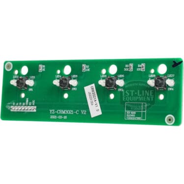 A Bellezza 95.05486 Bellona Touch Pad Board, dated 2021-03-18, features four black push buttons, several LEDs, labeled connector pins on a green PCB marked YZ-CRM3021-C V2; "1ST-LINE EQUIPMENT" watermark is visible.