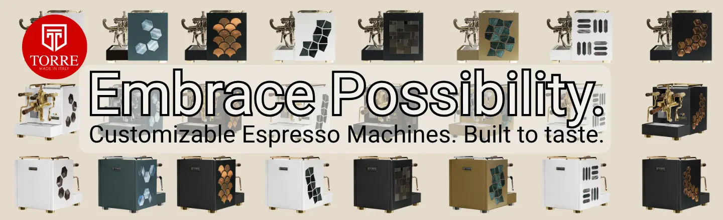 Homepage Ad featuring Torre Cafe Luxury line espresso machines with various colors and patterns of side panels. The colors are White, Black, Sand, Olive, Blue.