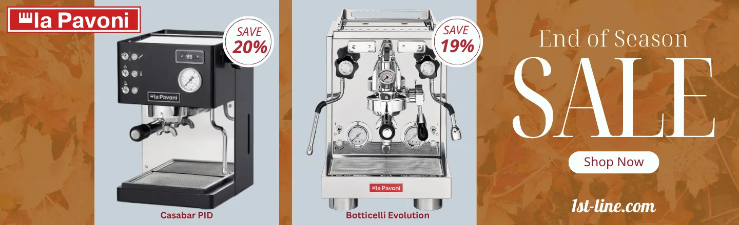 La Pavoni End of Season Sale. It shows the Casabar PID at 20% off and the Botticelli Evolution at 19% off