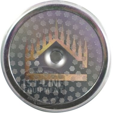 A close-up of a metal filter basket from the VBM Lollo Electronic 1 Group HX Espresso Machine - 110V shows a dotted pattern and central crown-like logo, with the 1st Line Equipment watermark across the HX Espresso filter.