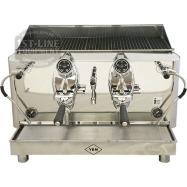 The VBM Lollo 2 Group Espresso Machine - 240V features dual steam wands, a drip tray, and the VBM logo on its stainless steel body, providing professional performance for commercial use.