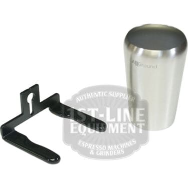 A Fiorenzato 900001877/R AllGround Sense Polished Cup & Fork Kit with “AllGround” branding is displayed next to a black metal fork mounting bracket on a white background. The image features a 1st-Line Equipment watermark.