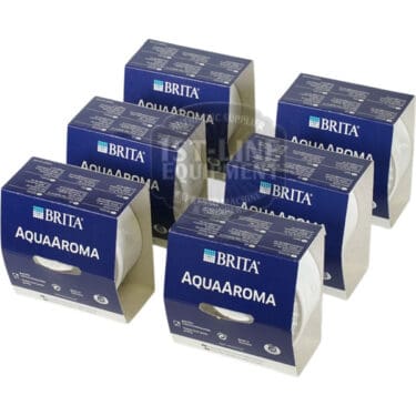 Six Faema In-Tank Brita Water Filter Cartridge NS9FQ9999999A boxes, in dark blue with white text and branding, are arranged in two rows. The set is sold as a 6 pack and features Faema’s logo and product details on the front.