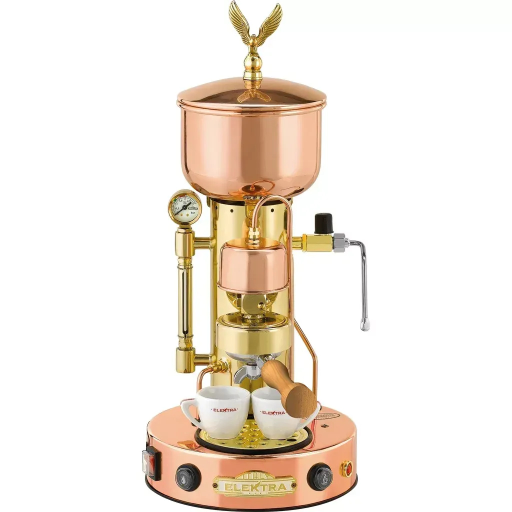 Comparison of Elektra espresso machines with single and dual boilers, showcasing design and functionality