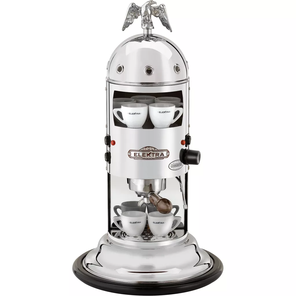 Elektra Mini Verticale chrome espresso machine with retro domed top and eagle ornament